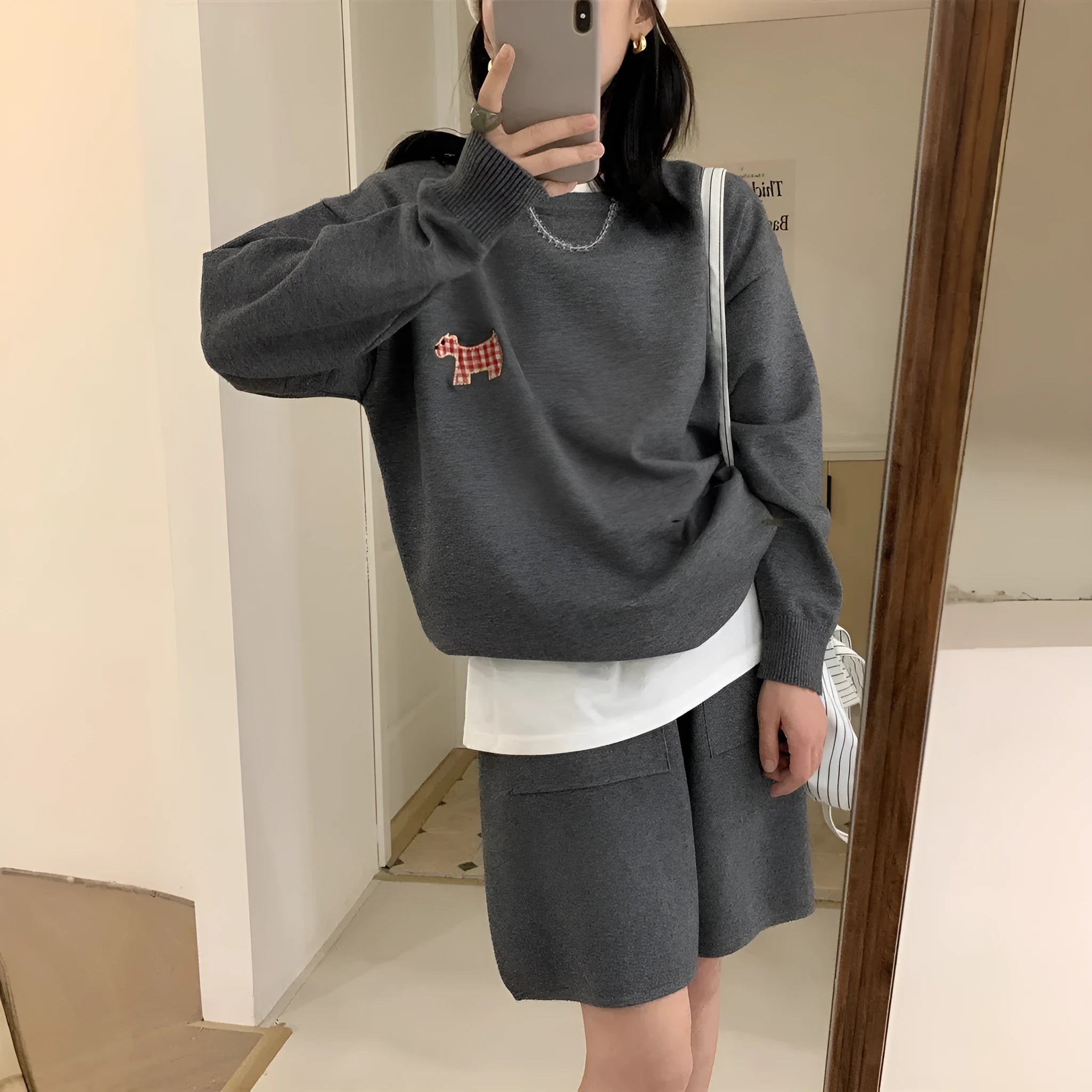 Casual knitted sweater shorts suit with animal embroidery pattern in milk blue colour