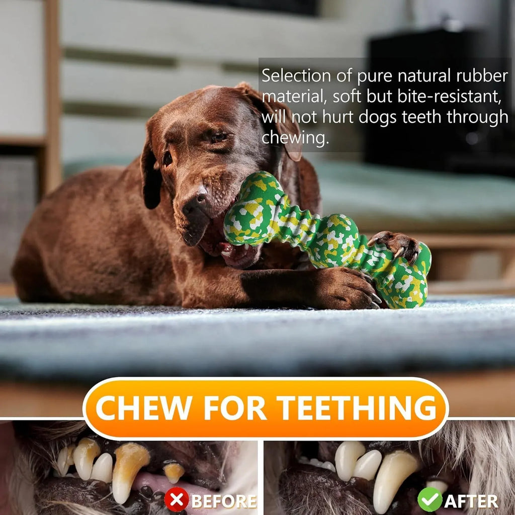 Natural rubber dog bone chew toy with camouflage pattern for medium and large breed dogs.