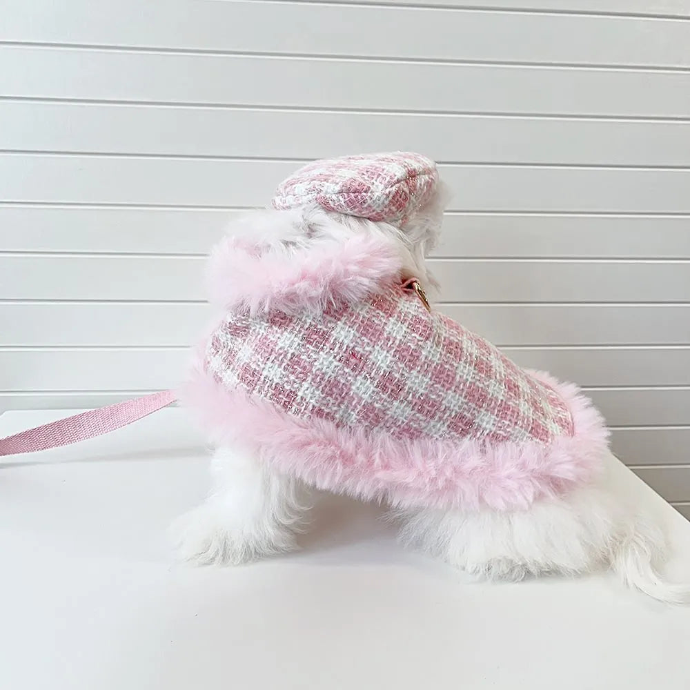 Pink cat cloak costume set with beret and hand-holding rope detail on hanger
