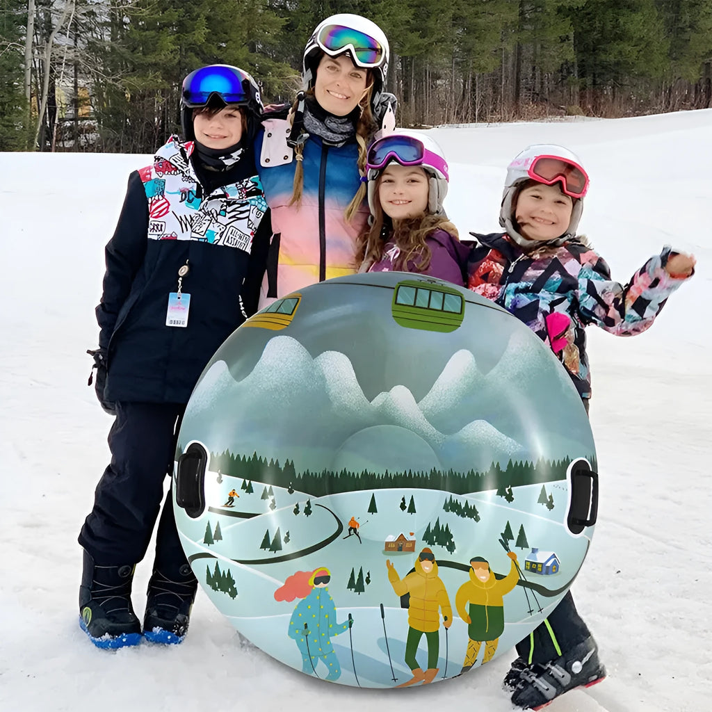 Colourful PVC ski ring toy for outdoor winter play with skiing-themed printed design