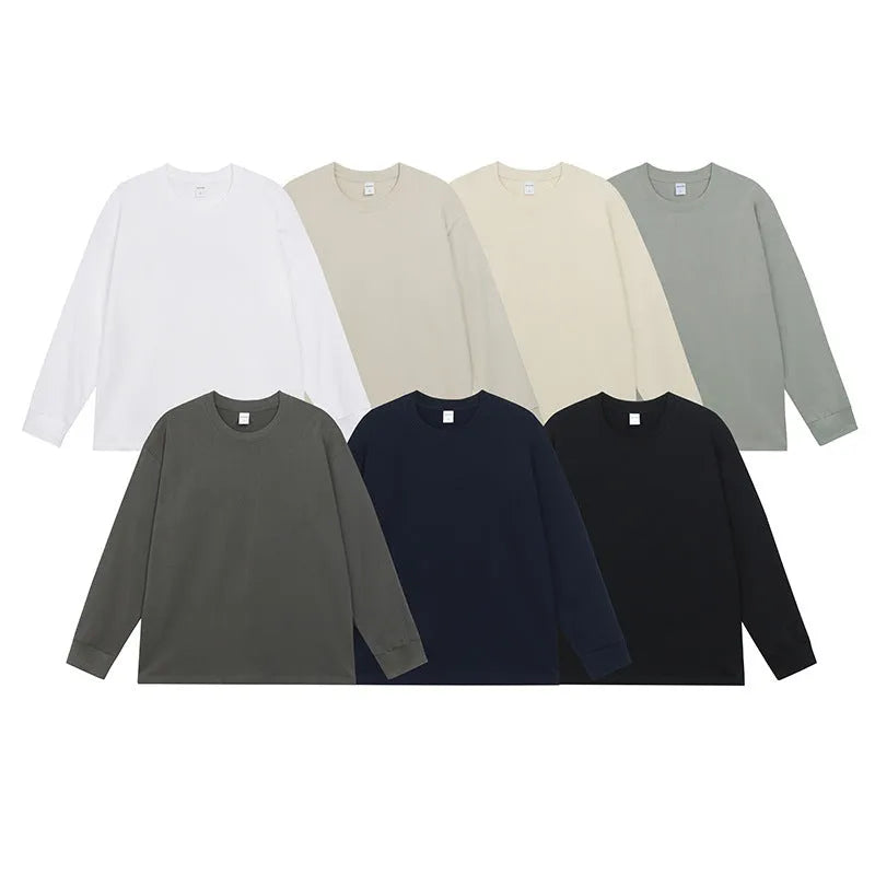 Men's pure cotton long sleeve t-shirt in loose fit, available in multiple solid colours