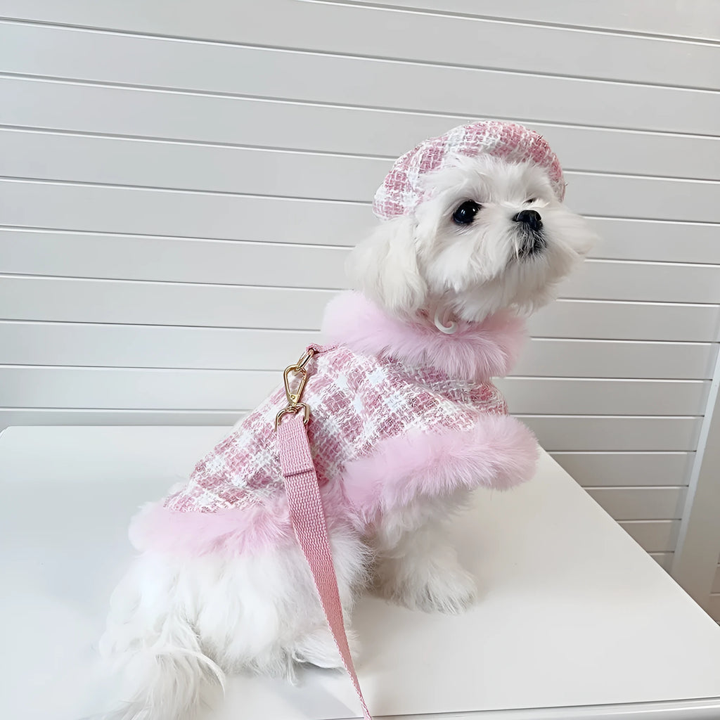 Pink cat cloak costume set with beret and hand-holding rope detail on hanger