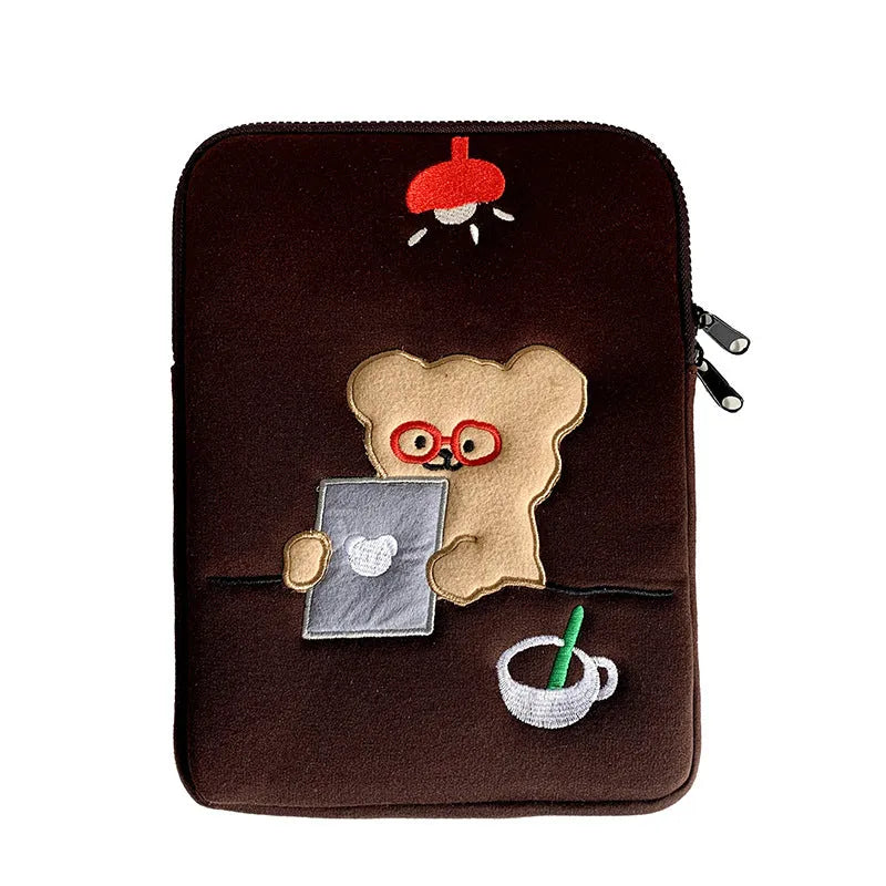 Coffee colour cotton laptop bag liner with bear design, zipper closure, available in 11 13 15 inch sizes