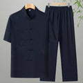 Cotton rabbit fur short sleeve suit for elderly men in grey two-piece set for summer leisure