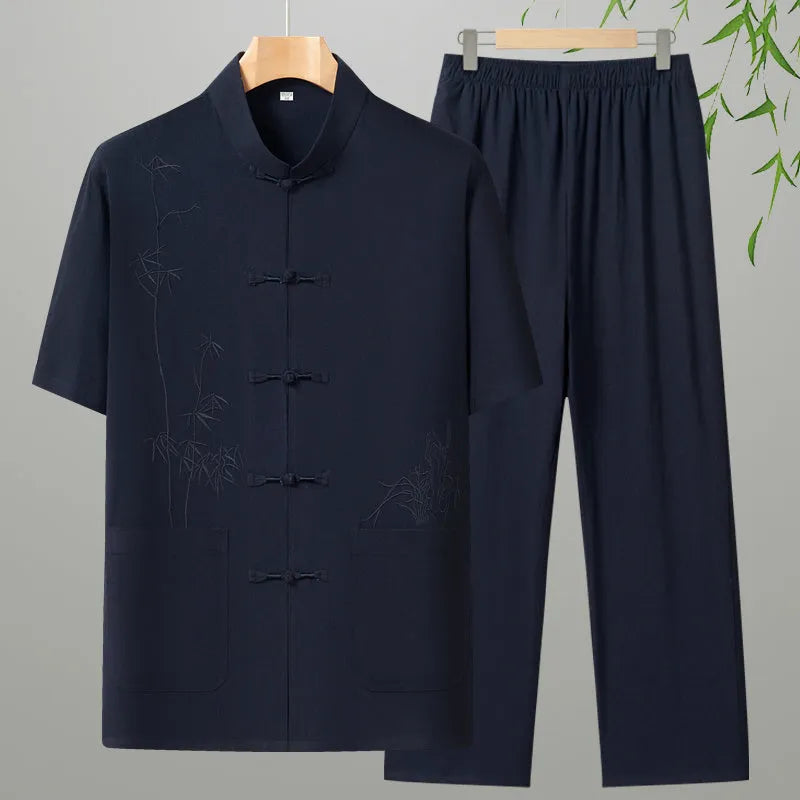 Cotton rabbit fur short sleeve suit for elderly men in grey two-piece set for summer leisure