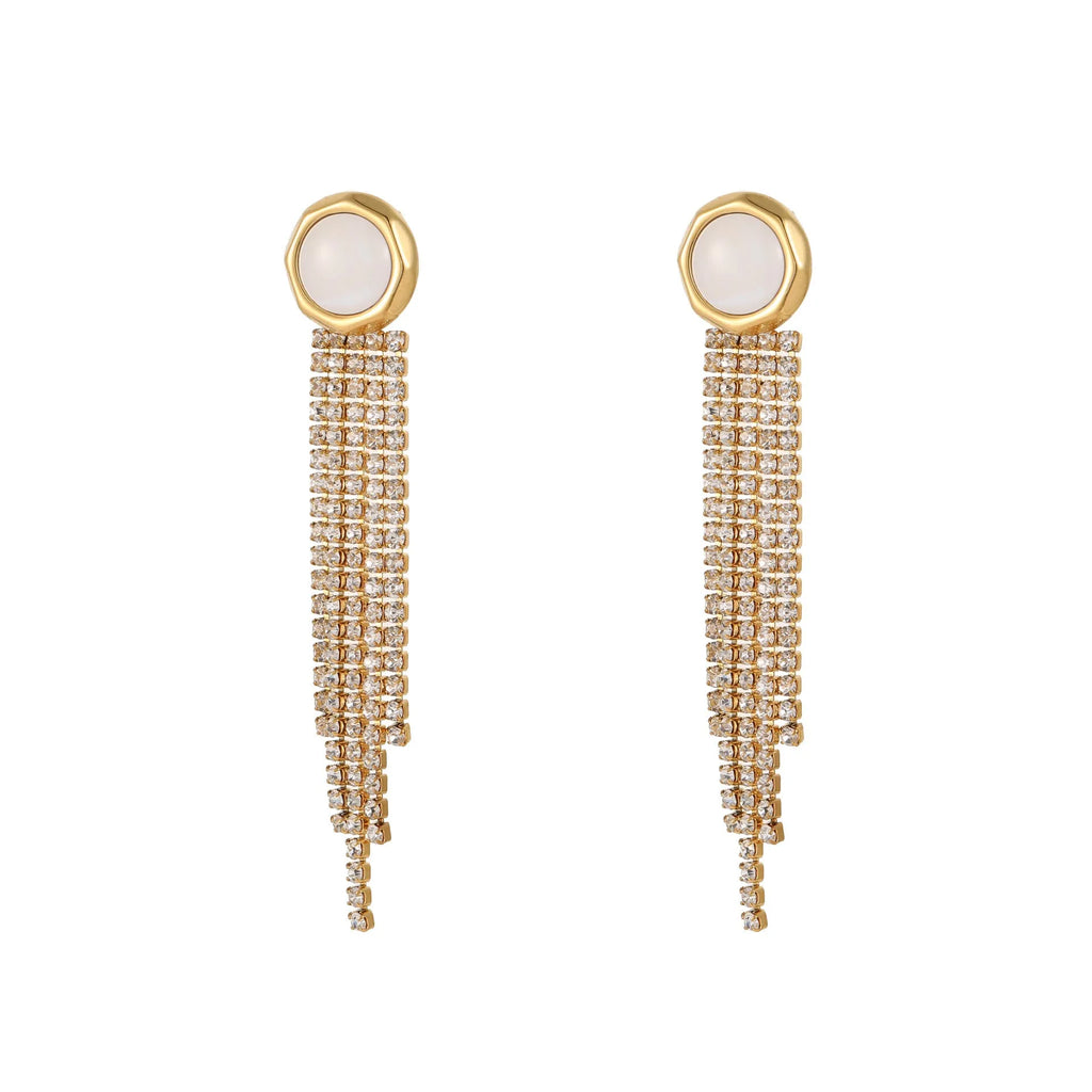 Stainless steel earrings with diamond tassel design in heart or star shapes with electroplated 18K gold finish