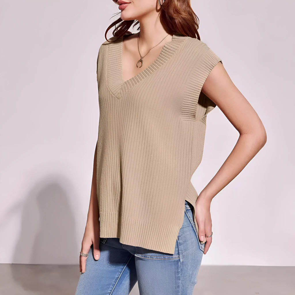 Women's v-neck sleeveless loose pullover vest in camel colour with striped pattern