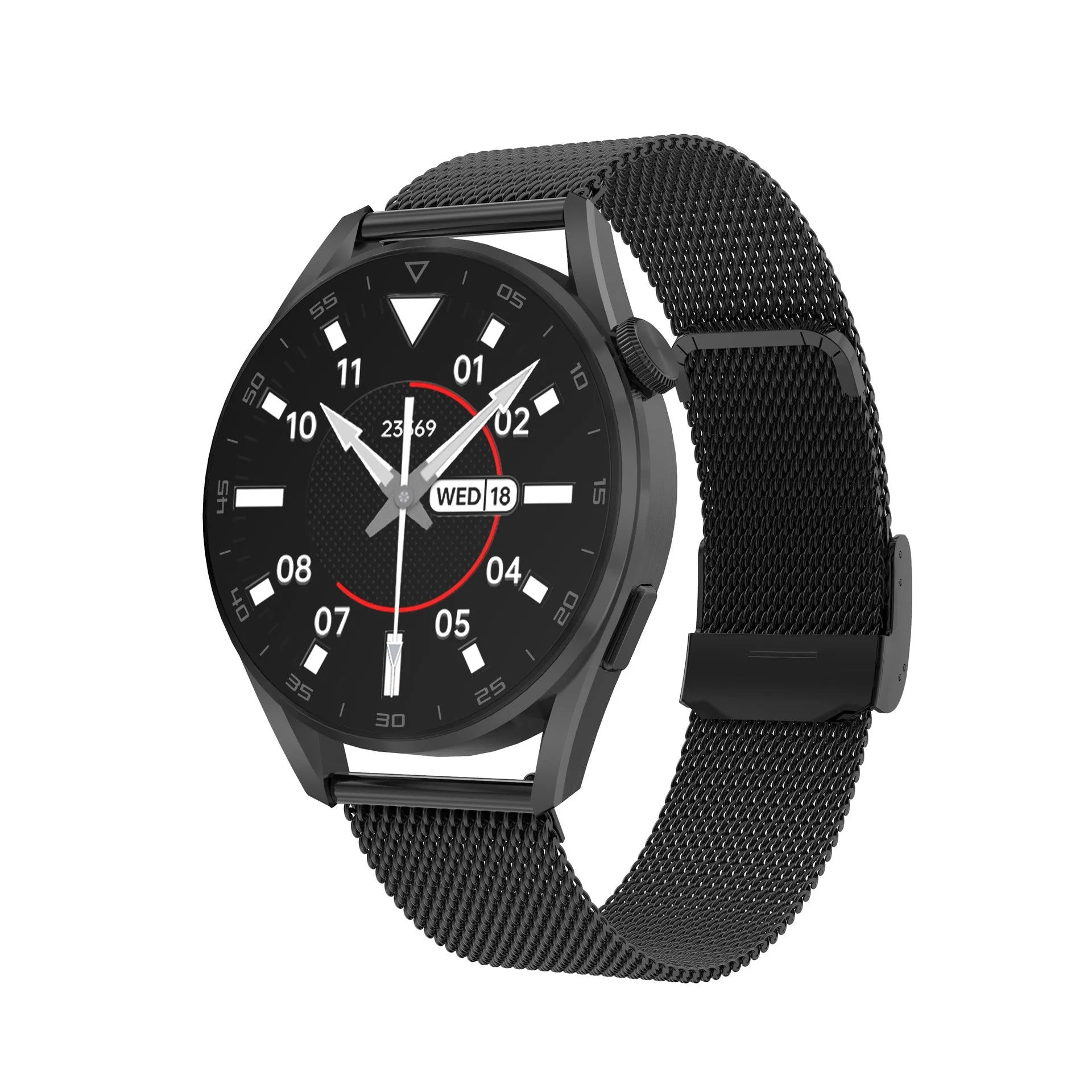 Smart watch with metal strap showing 1.3-inch display making Bluetooth call