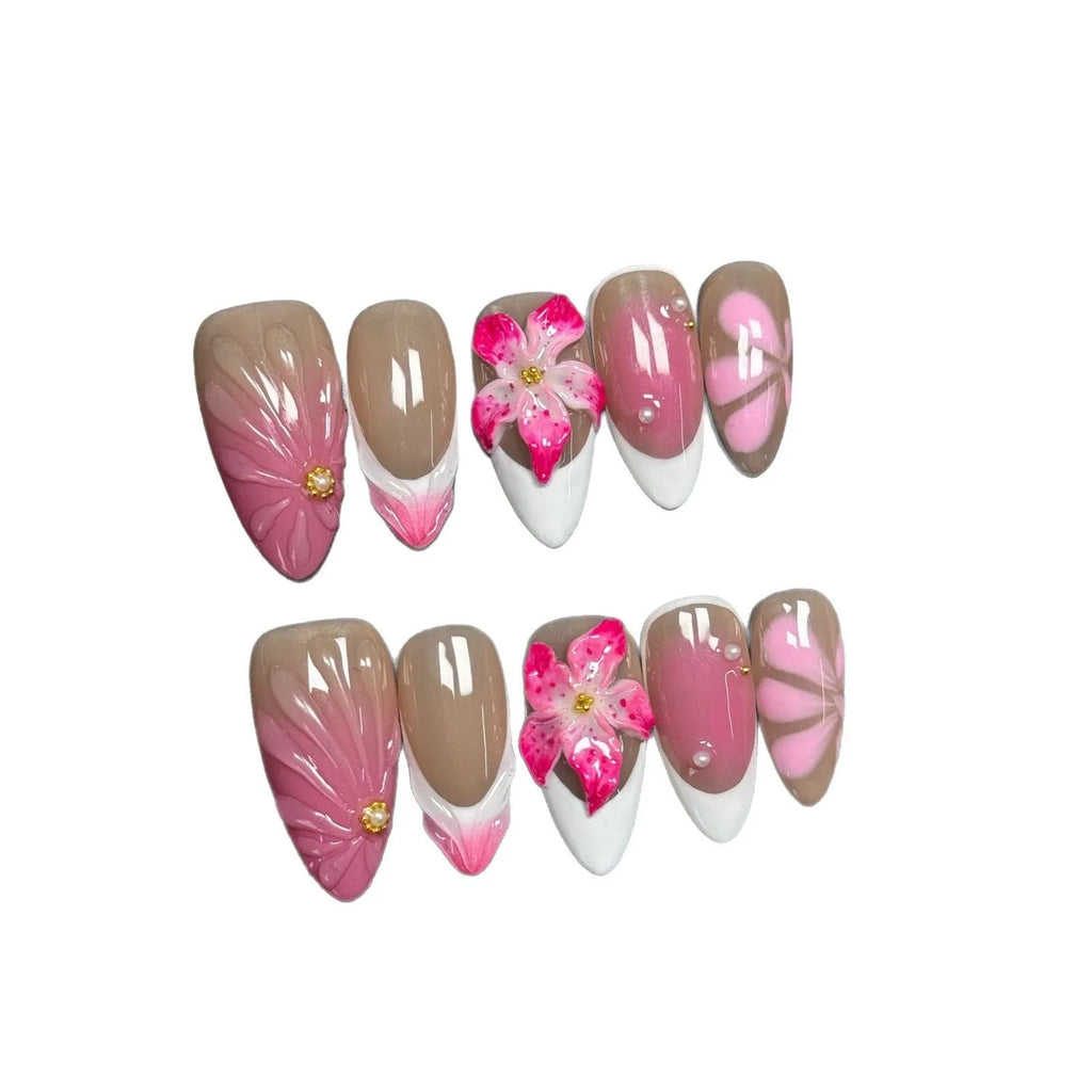 French style Lily Fluid Ice Flower design 3D artificial press-on nails in almond shape, showing colour mix and size scale.