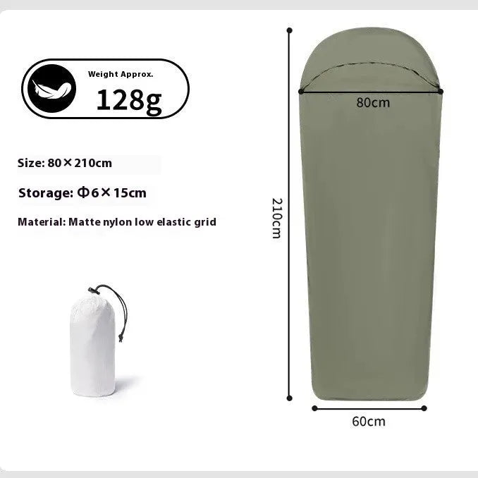 Blue nylon mummy-style camping sleeping bag for adults with carry bag