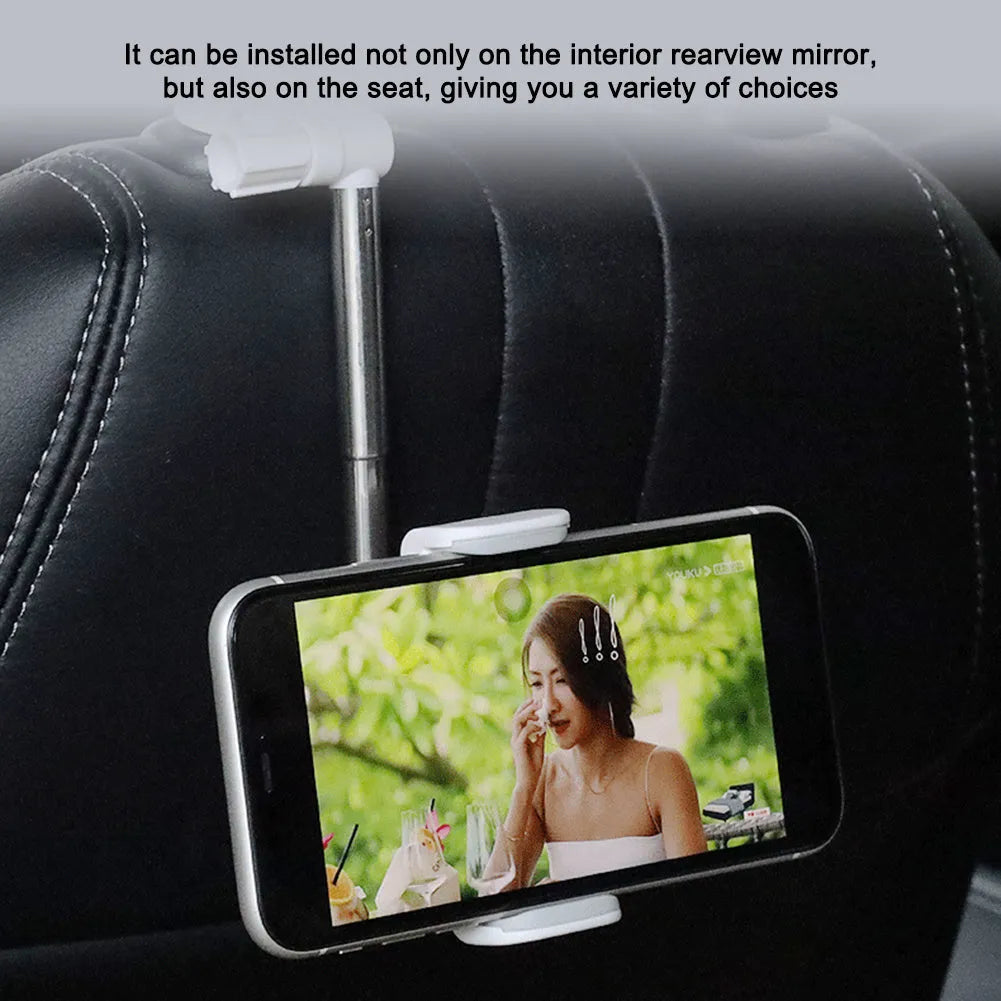ABS and metal car rearview mirror phone holder with 360 rotation and snap buckle, holding a smartphone in place