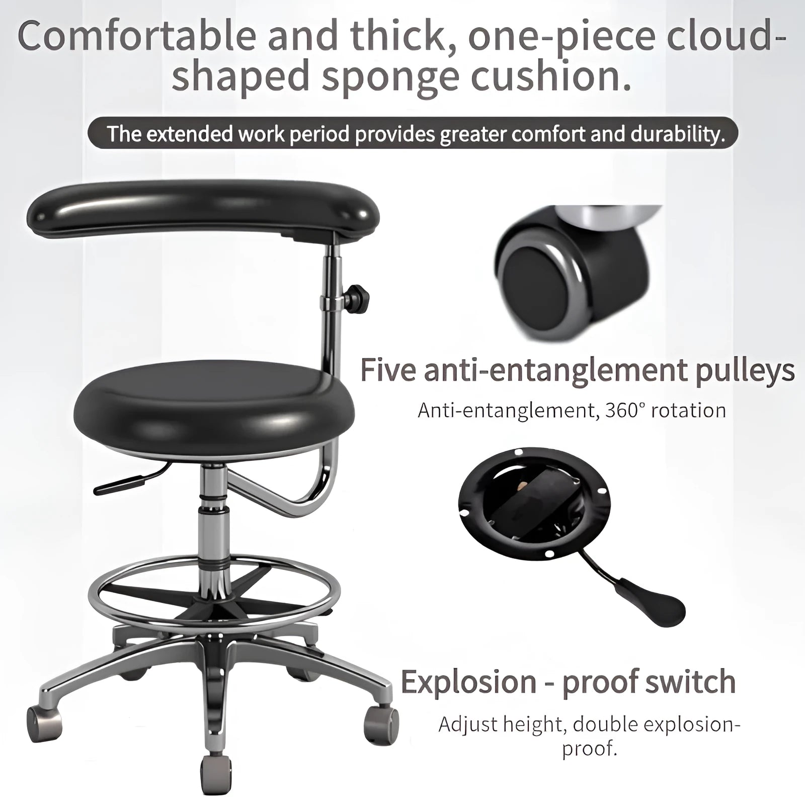 Black leather adjustable height dental chair for clinical use