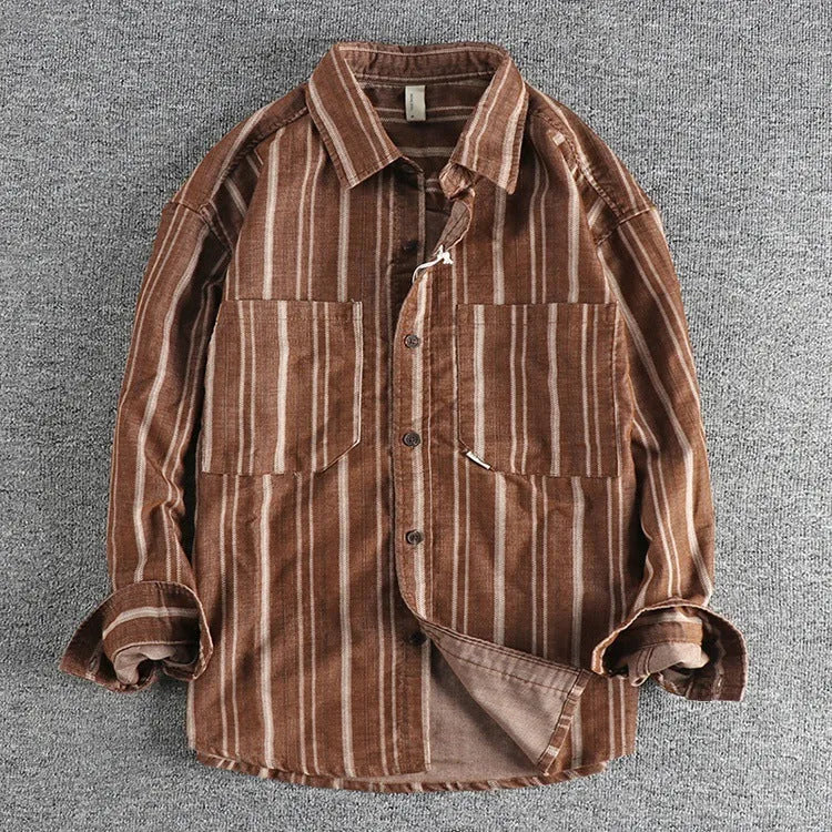 Men's vintage yarn-dyed striped casual shirt in loose fit, cotton blend, Japanese retro style, apricot colour