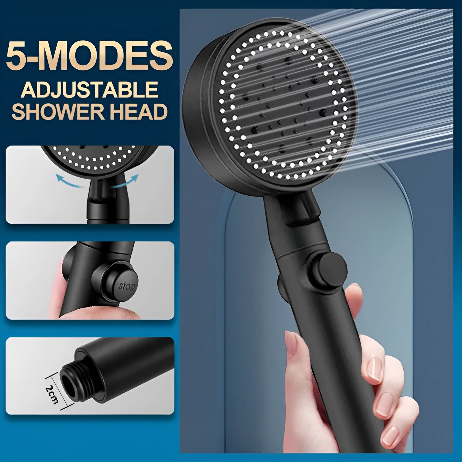Black ABS 5-speed shower head with large water output and electroplated finish
