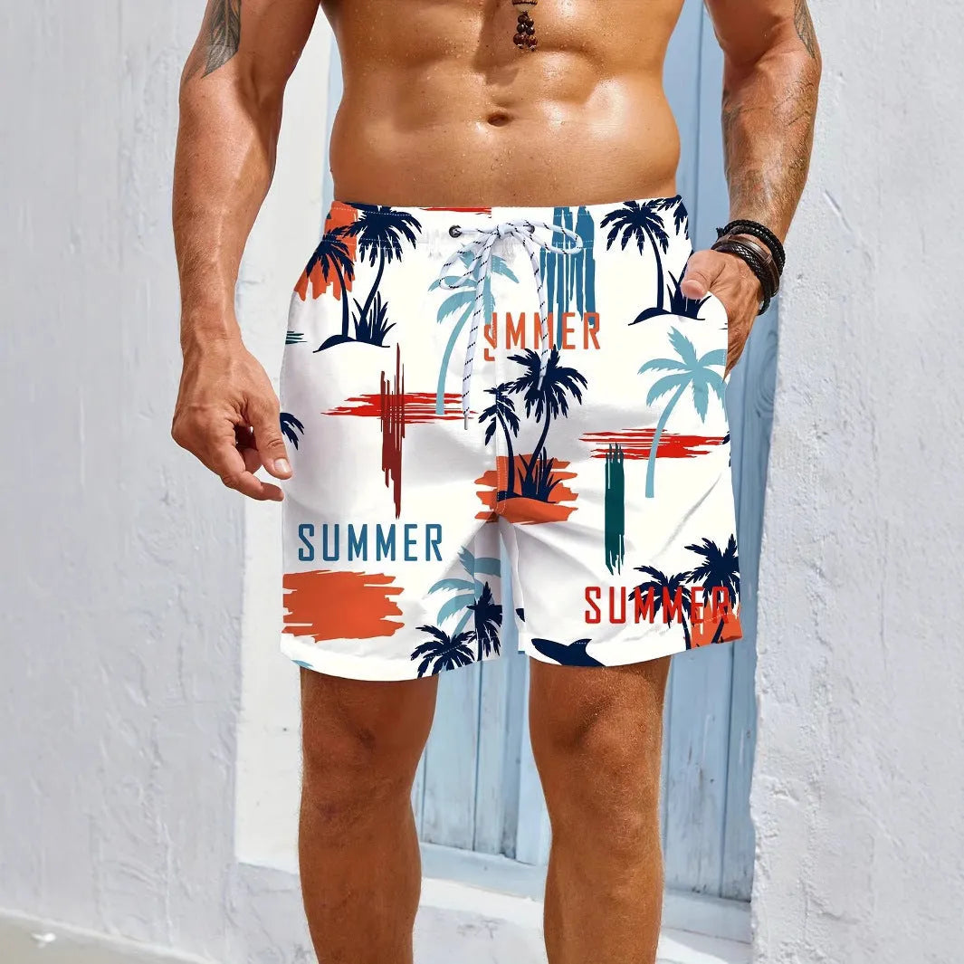 Men's quick-dry 3D print polyester swimming trunks in a vacation setting, multiple colour and size options