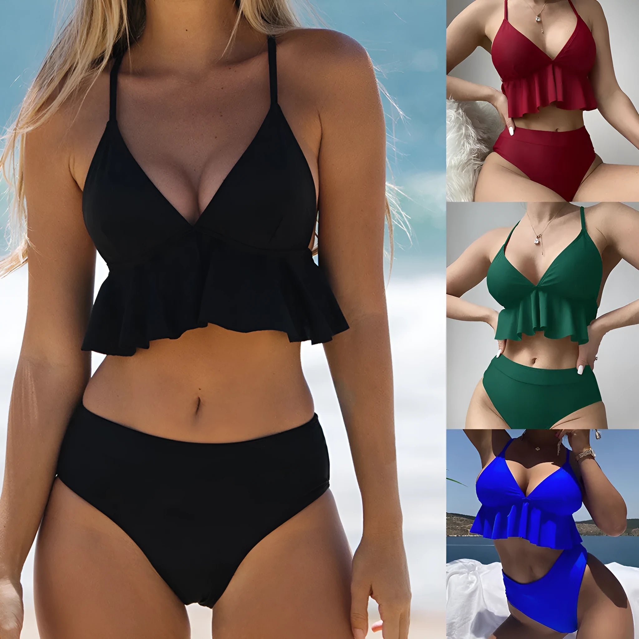 Women's solid colour split bikini swimsuit two-piece set in black, army green, brick red, blue with spandex lining