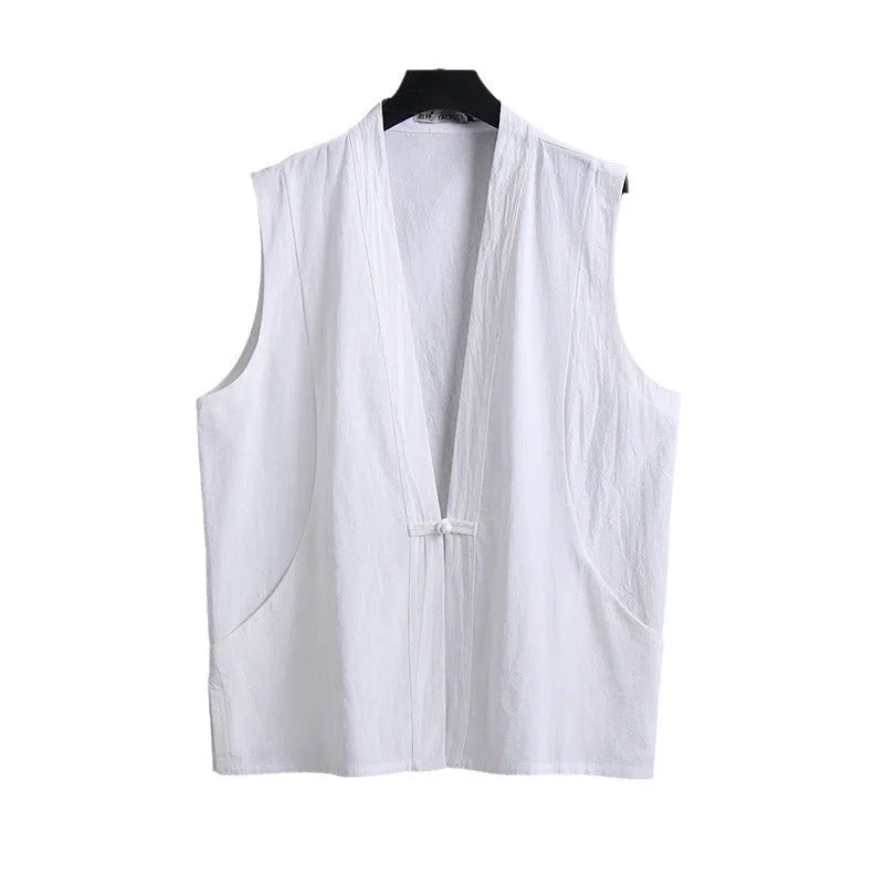 Men's summer loose fit linen sleeveless vest in solid colour, pure flax, size M to 9XL