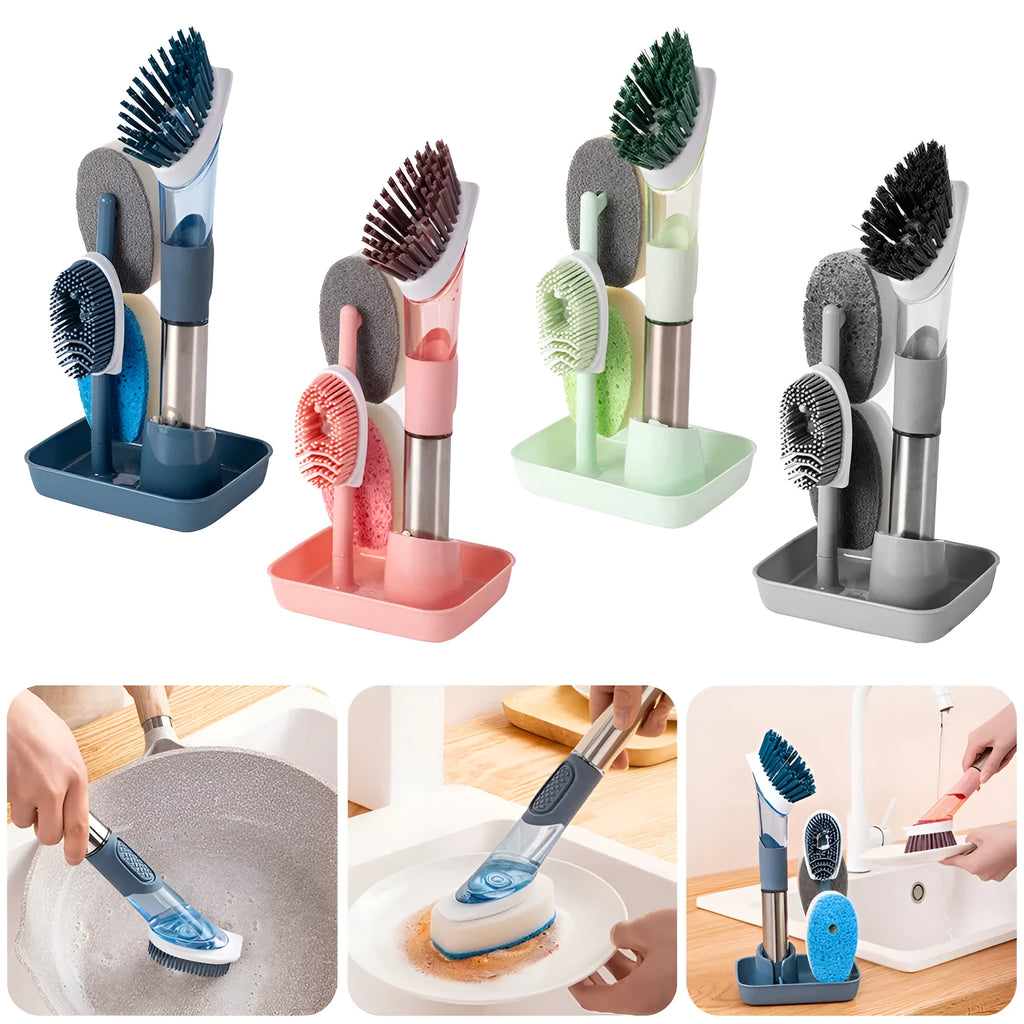 Multifunctional dish brush with soap dispenser, long handle, scouring block and sponge, in blue colour on a kitchen counter