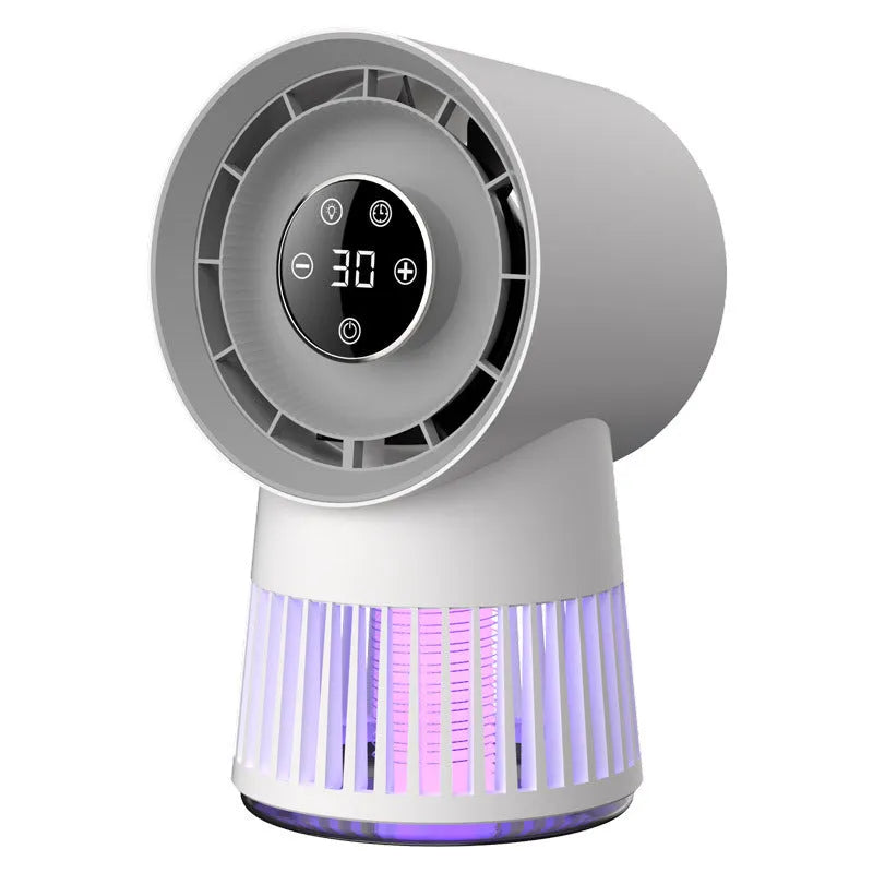 Creative 2-in-1 mosquito killing mini desk fan with night lamp, white plastic, USB rechargeable, 16.5x28x16cm