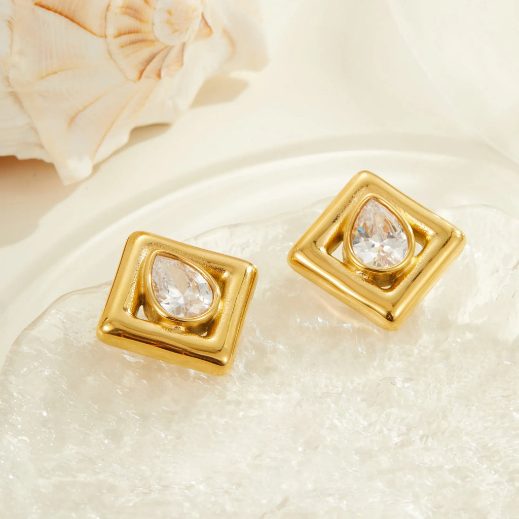Gold electroplated stainless steel stud earrings with water drop zircon design