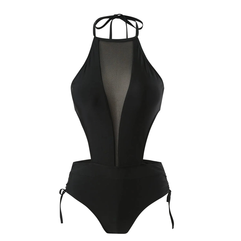 Women's one-piece swimsuit black nude back hollow out strap polyester swimming wear