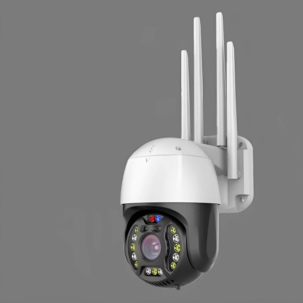 Outdoor dome surveillance camera with 360-degree rotation on a wall mount showing infrared LEDs for night vision
