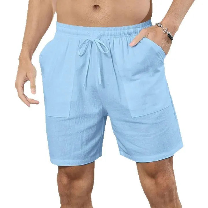 Men's cotton linen summer shorts in light blue with straight leg fit, front view
