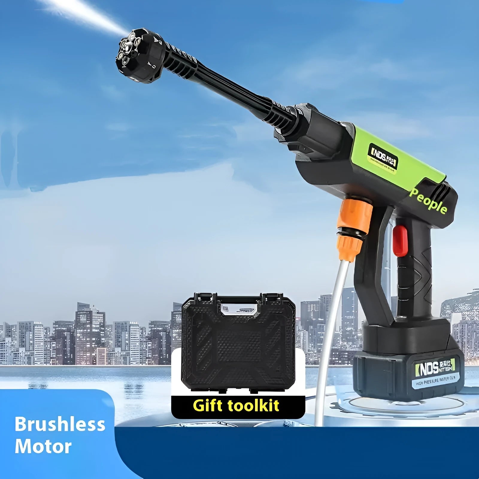 Green wireless high-pressure water gun with multiple nozzle attachments and accessories on a white background.