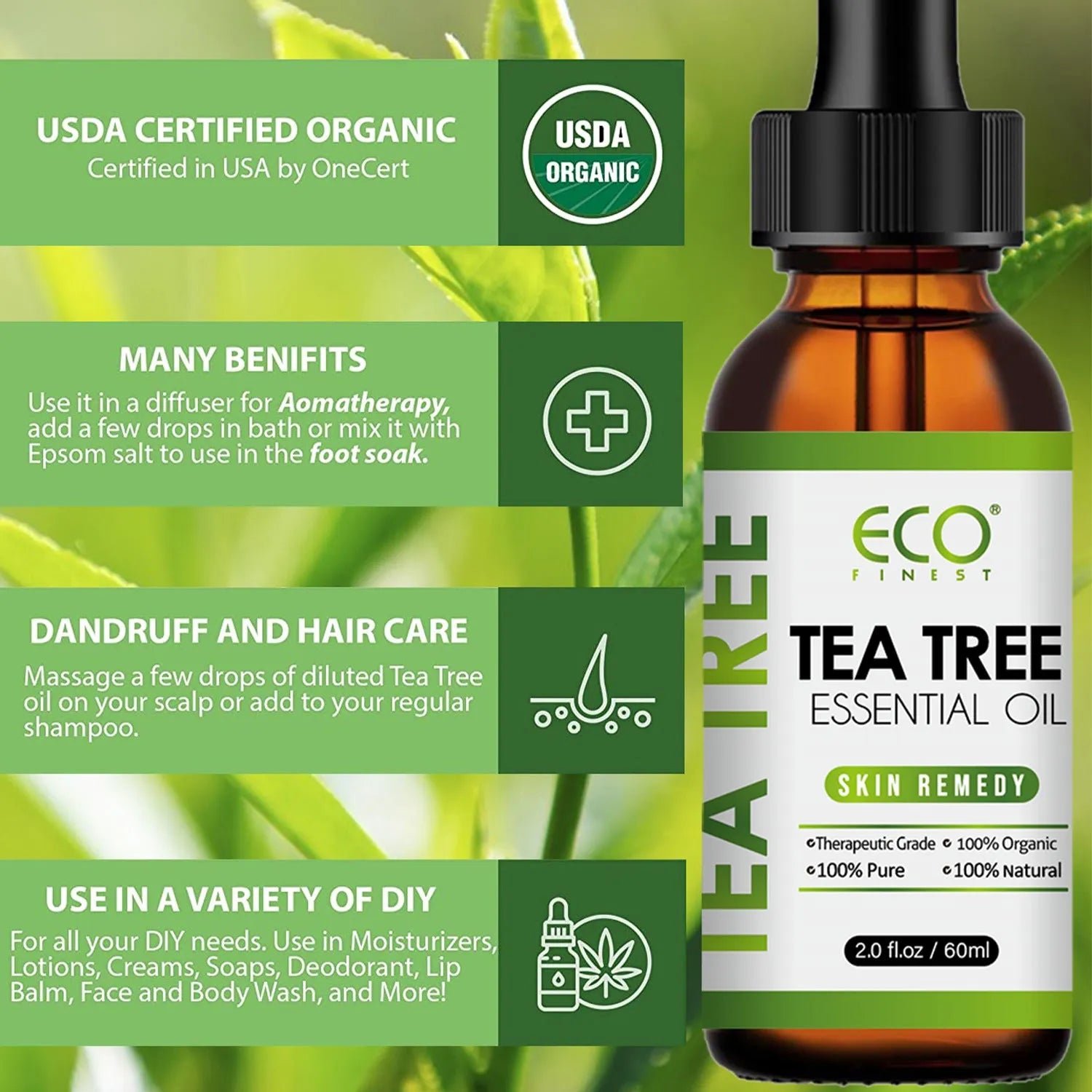 60ml bottle of Australian tea tree essential oil for skincare