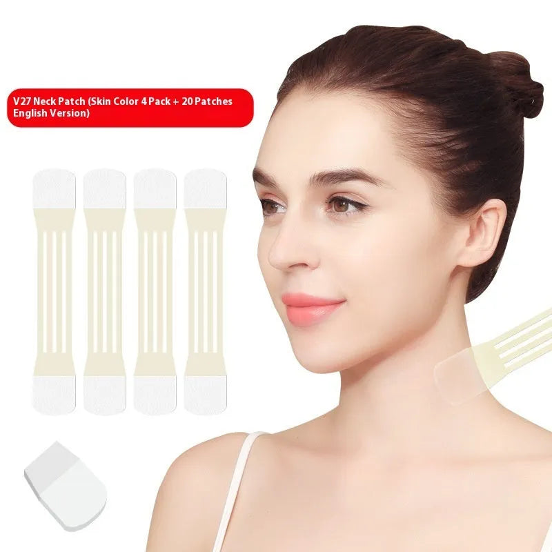 Skin-tone neck firming adhesive tape set with four lifting strips and twenty replacement patches