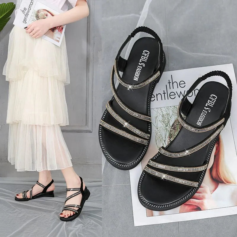Women's Korean-style casual sandals with rhinestone decorations and non-slip rubber soles in gold colour