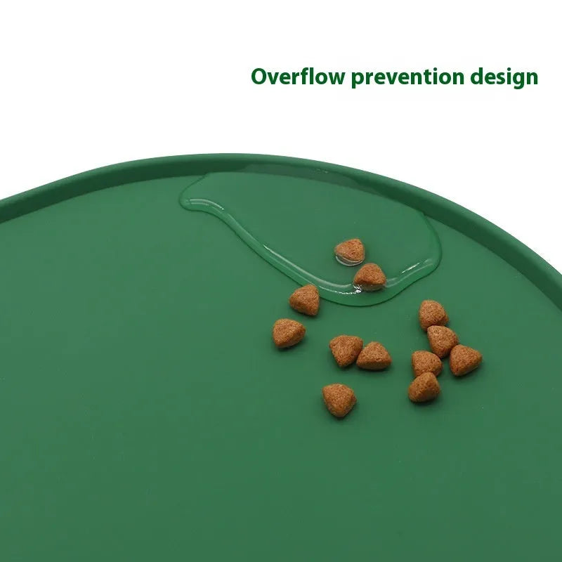 Silicone waterproof placemat for cat food and water bowls in beige, showing its size next to a bowl.