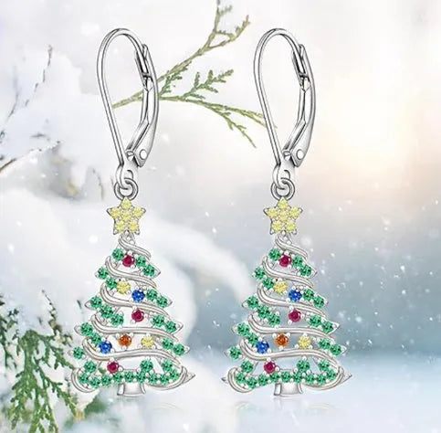 Christmas tree earring pendant with star element in white gold colour finish