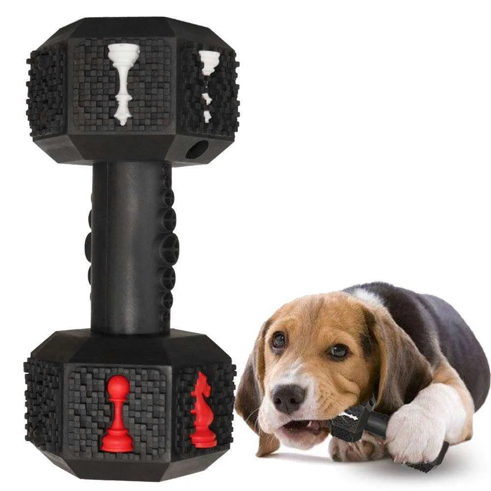 Blue durable rubber dumbbell dog chew toy with textured surface and hollow ends for treats.