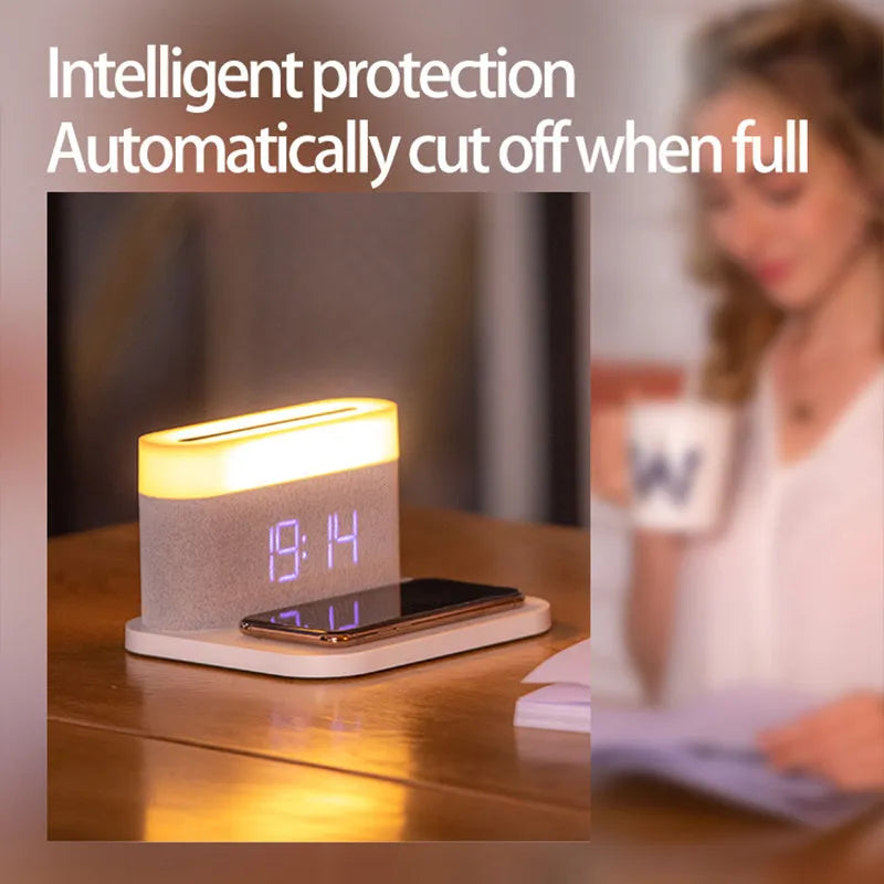 Modern minimalist desktop clock night light with wireless charging in black or white colours