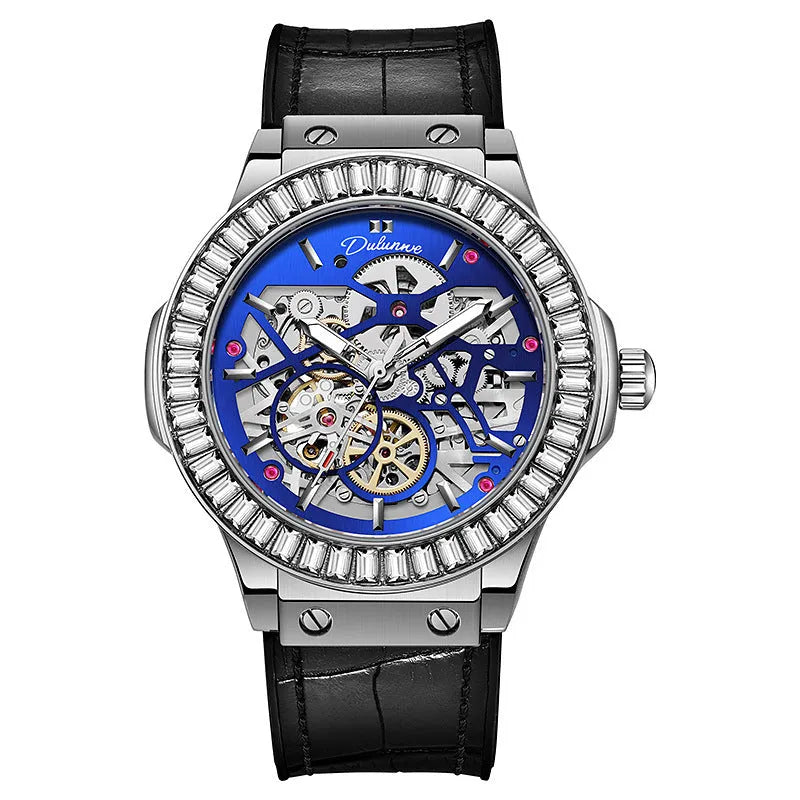 Men's automatic mechanical watch with hollow design and diamond studs, white shell case