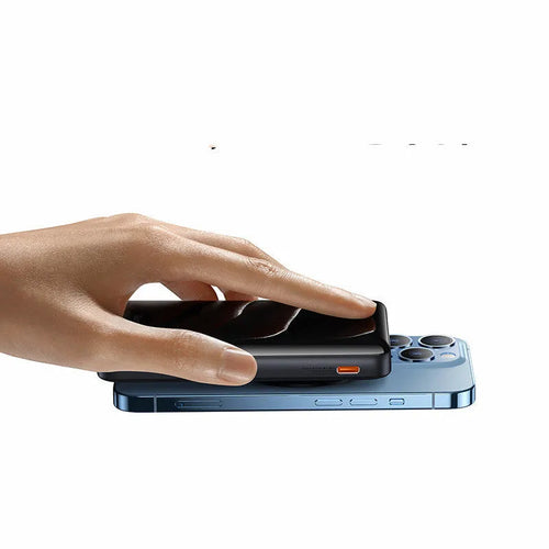 Slim blue magnetic 3-in-1 power bank showing wireless charging surface and compact size.