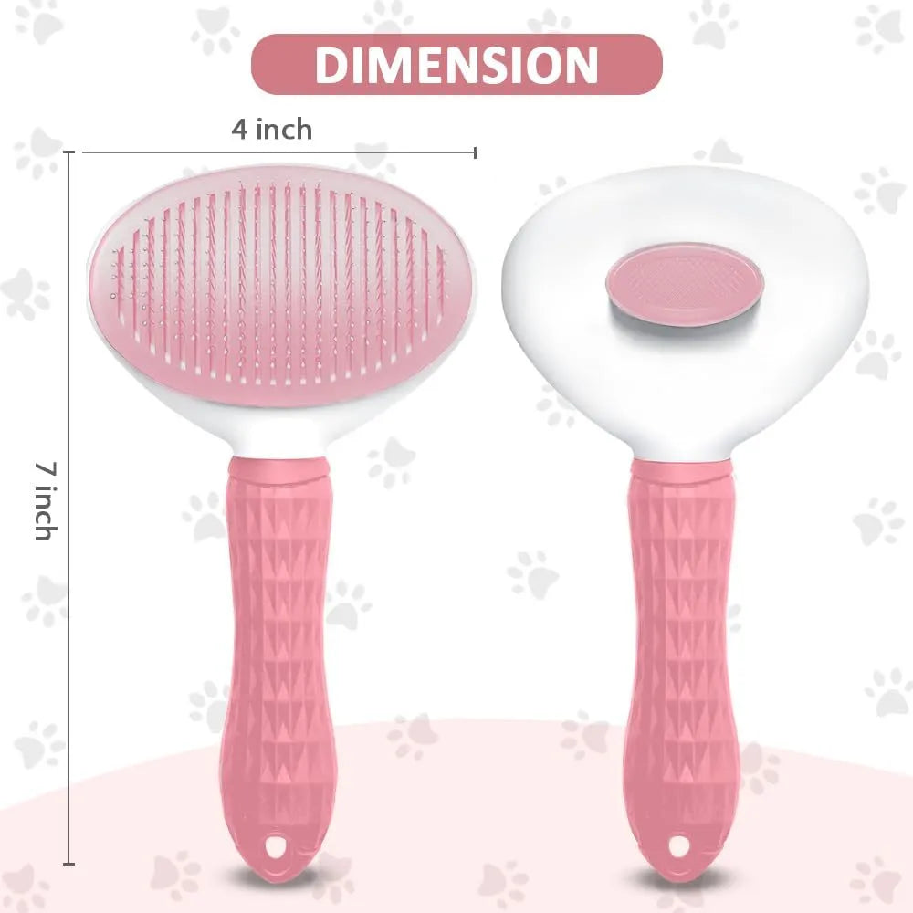 Cat grooming brush with a release button, shown in blue, grey, and pink colour options.
