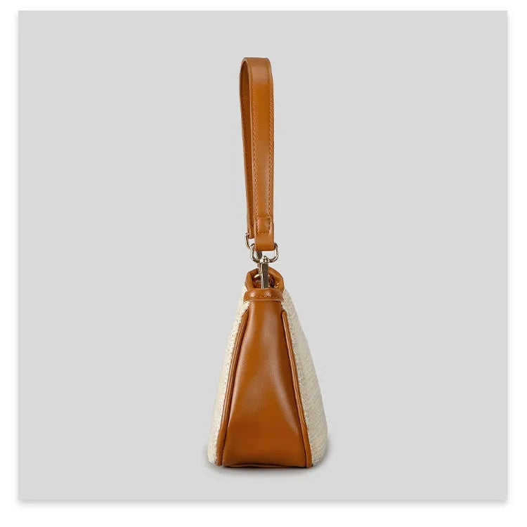 Khaki hand-woven straw crossbody bag with PP grass weave and single shoulder strap