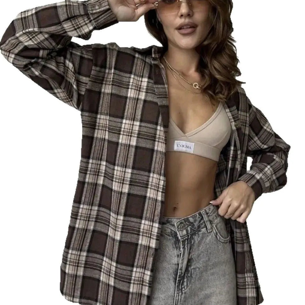 Women's retro striped shirt in dark brown with long sleeves and trueran cotton fabric
