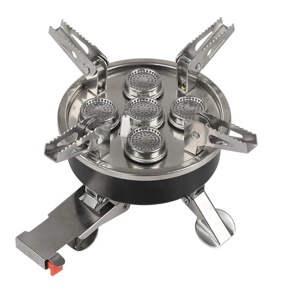 Silver portable split camping stove with stainless steel construction and fuel hose