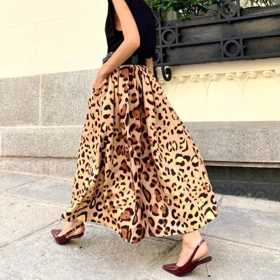 Brown leopard print women's A-line long skirt with big hem design on hanger
