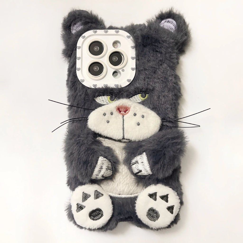 Plush staring cat phone case for iPhone with soft furry texture and love lens design