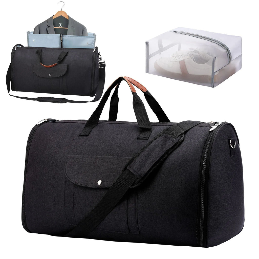 Folding duffel luggage bag in dark blue, suitable for travel and gym, made from Oxford cloth.