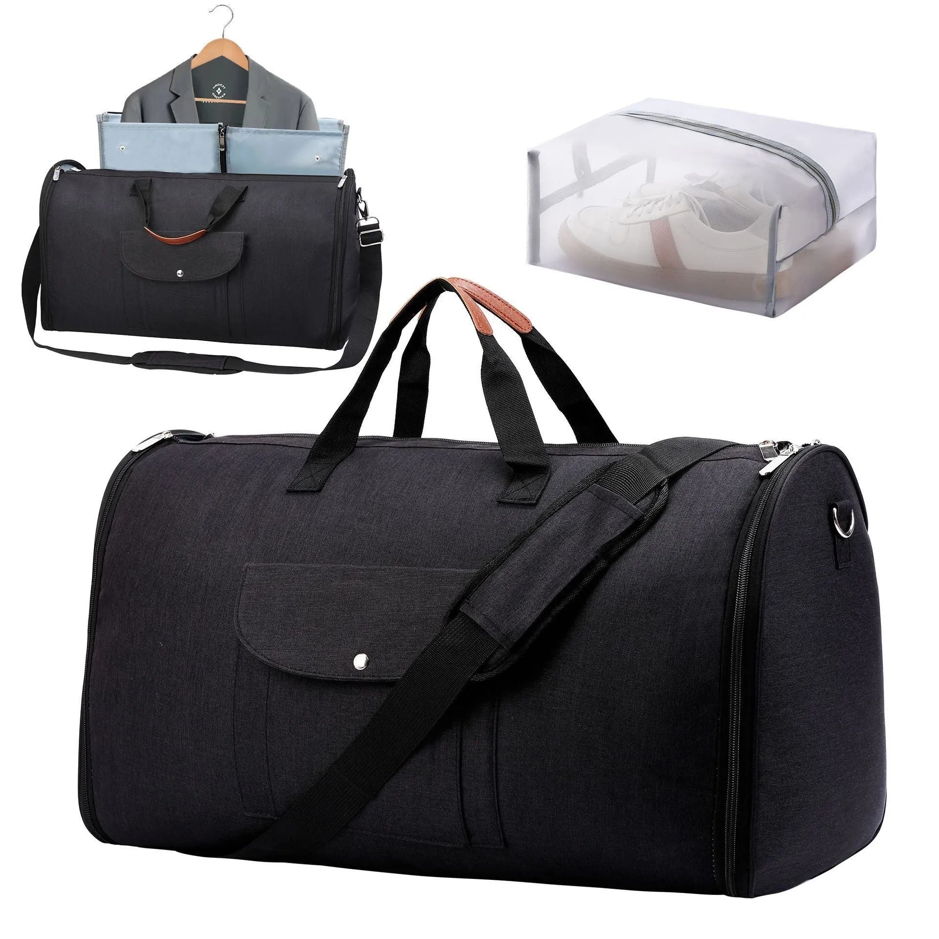 Folding duffel luggage bag in dark blue, suitable for travel and gym, made from Oxford cloth.