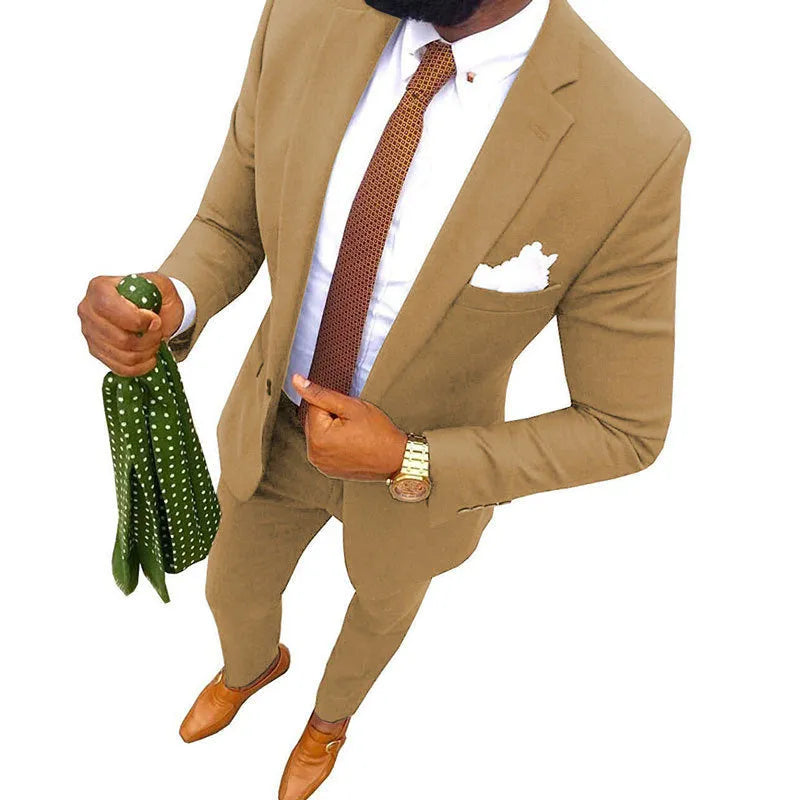 Men's cotton banquet suit in multiple colours, showing jacket and trousers, available in sizes XXS to 7XL.