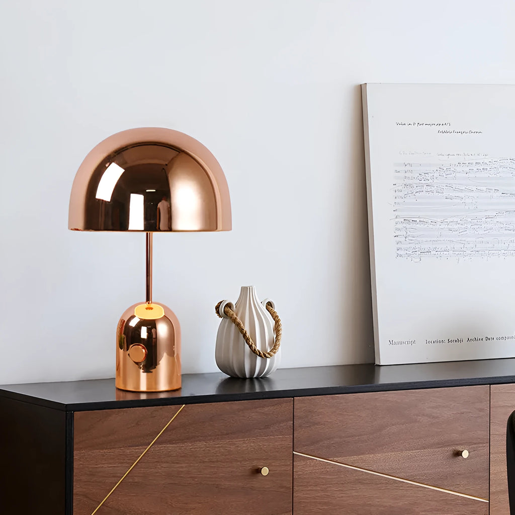 Rose gold bedside table lamp with metal base measuring 280mm wide by 450mm high