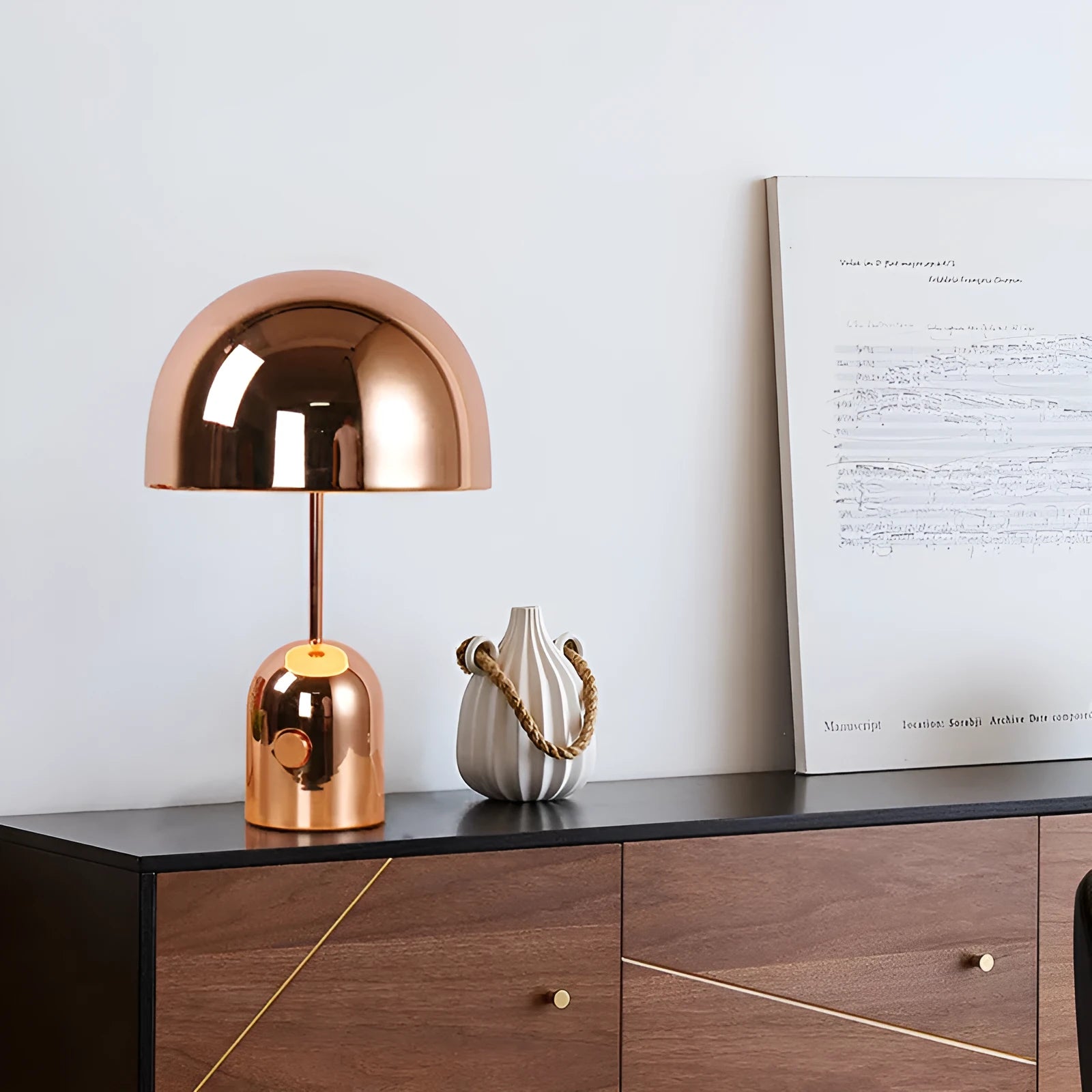 Rose gold bedside table lamp with metal base measuring 280mm wide by 450mm high