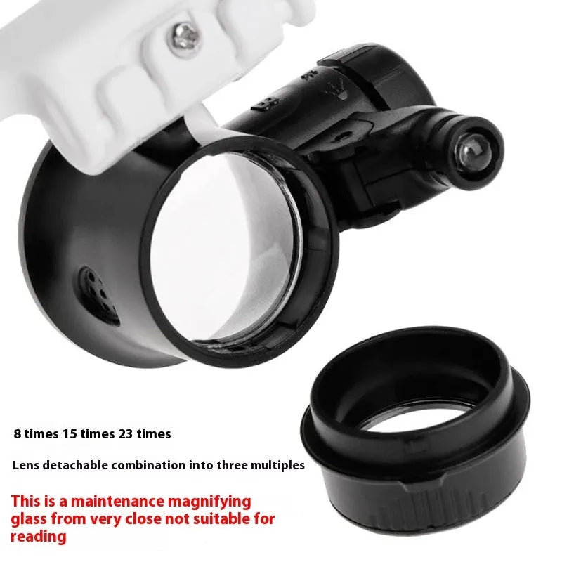 White head-mounted magnifying glass with LED light, shown folded and unfolded, for watch and circuit board repair.