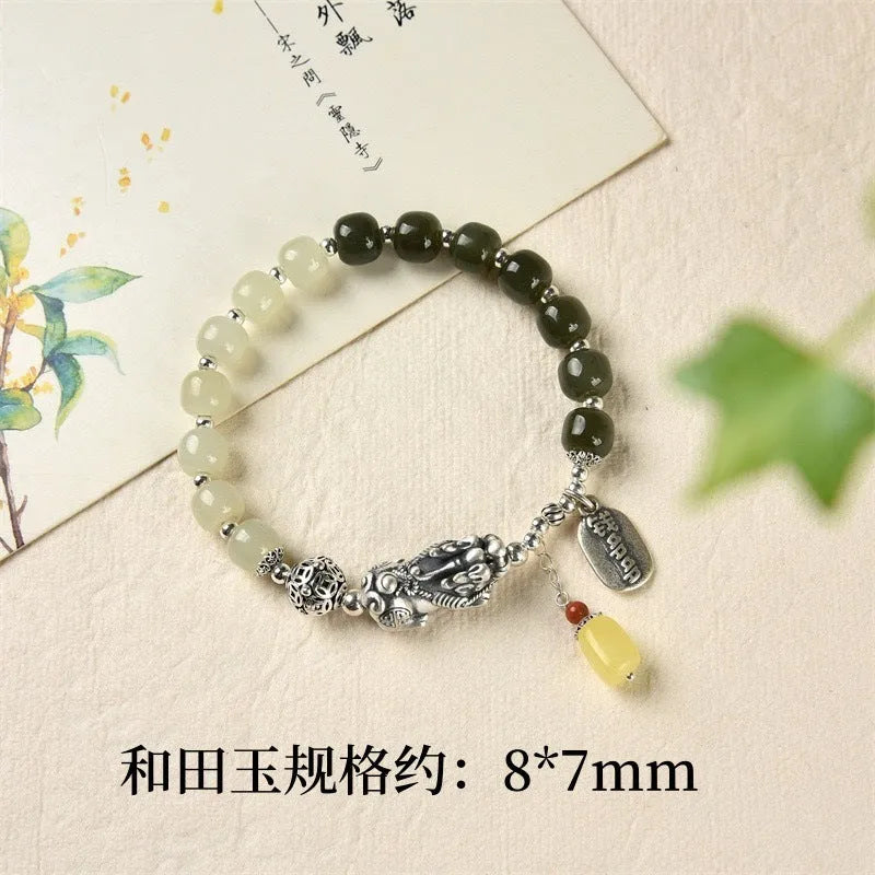 Pure silver coin bracelet with natural Hetian jade beads, 8x7mm, retro style for women